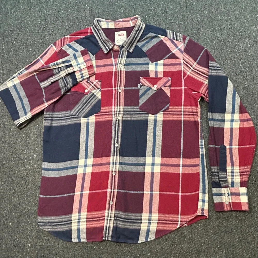 Levis Western Shirt XL Mens Red Blue Plaid Pearl Snap Flannel Americana Rugged